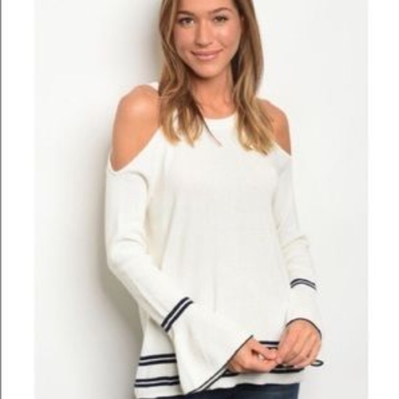 WILD HONEY Sweater Cold Shoulders White Navy Womens Sz S Nautical Charm Preppy‎ - Picture 1 of 9